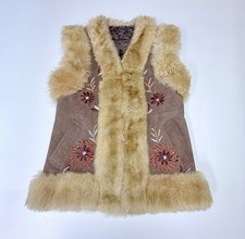 Vintage 70s Suede Rare Afghan Floral Embroidered Leather Vest Faux Fur