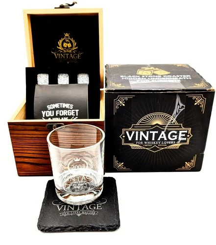 Vintage Whiskey Gift Set 2003 Aged to Perfection Glass Stones Coaster Box NEW
