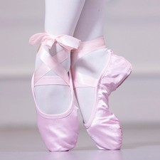 Kids Adults Ballet Dance Shoes Lace Up Silky Satin Soft Leather Split Sole Sweet