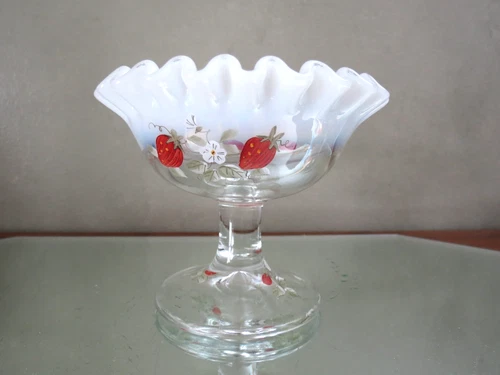 Fenton French Opalescent Hand Painted Strawberry design Compote circa 2008