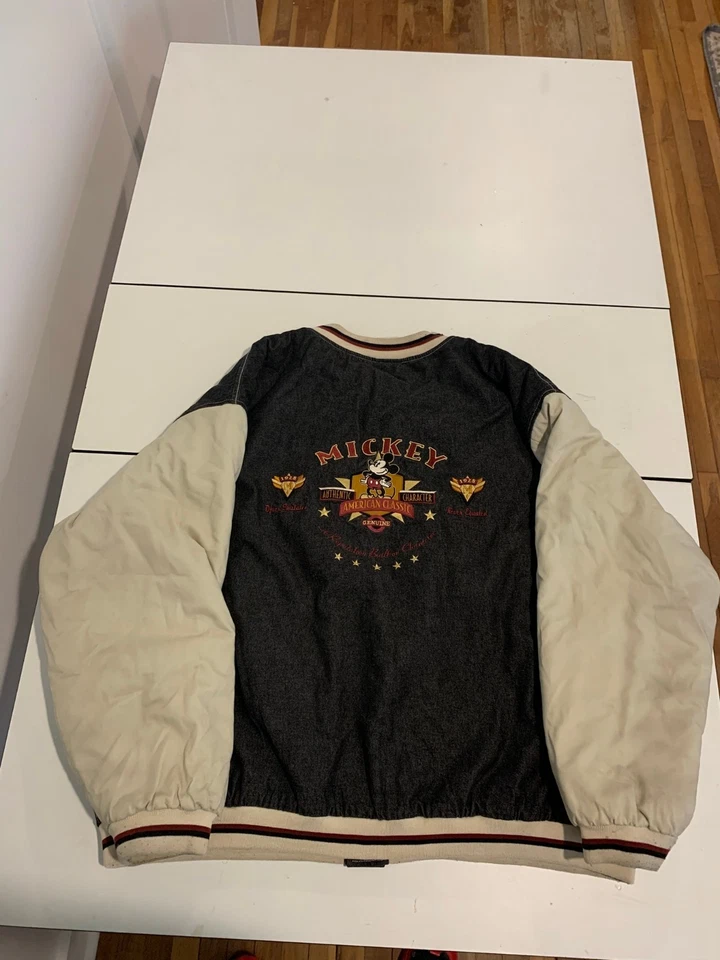 Vintage Mickey Mouse Jacket XXL Black Cream 90s Disney Varsity Letterman Bomber - Image 3 of 4