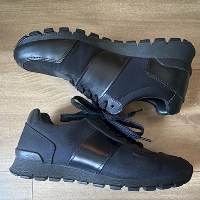 靴 prada black shoes PRADA Black Leather Sneakers Men's 8.5 Designer Low Top Lace Up