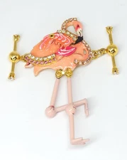 Lunch at the Ritz Flamingo  Pink & White Rhinestone Toggle Clasp Gold Tone 