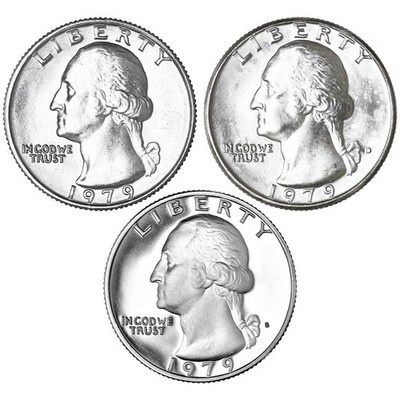 1979 P D S Washington Quarters CN-Clad BU & Gem Proof 3 Coin Year Set