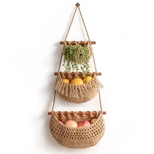 Hanging Fruit Basket, 3 Tier Over the Door Organizer, Handmade Woven Jute Wal...