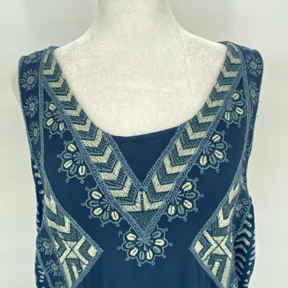 Lucky Brand Dress Womens 2X Blue Green Linen Blend Embroidered Sleeveless Boho - Image 2 of 4