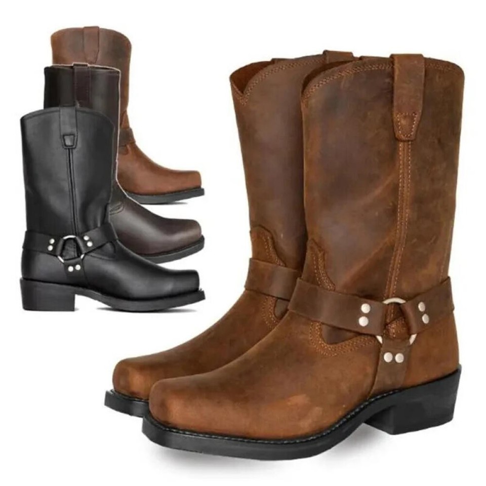 Botas vaqueras occidentales de media pantorrilla para hombre Caballero informales Puntera cuadrada Zapatos con tachuelas Talla grande
