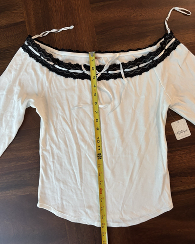 NWT Free People Ivory Off The Shoulder Top Sz XL Black Lace Bardot Neckline - Picture 3 of 9