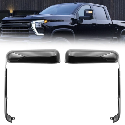 Gloss Black Tow Mirror Cover Cap For Chevrolet Silverado 2500HD 3500HD 2020-2024