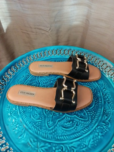 Women's Steve Madden Alita Slip On Slide Sandals Gold Tone Detail Size 7.5  | eBay