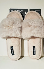 BEBE Women Faux Fur Beige Slippers Jeweled Size L Elegant Pretty NEW
