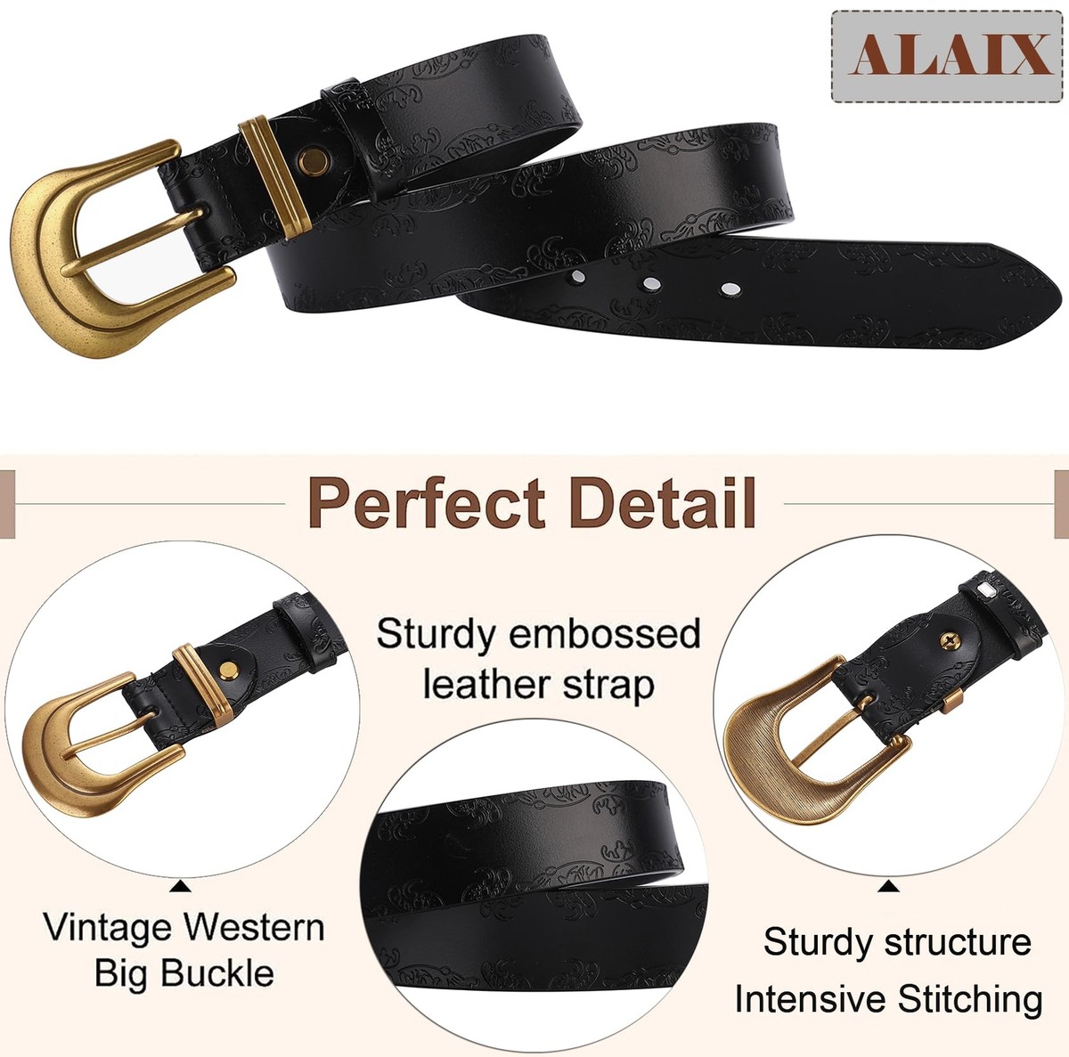 8225 Western Leather Belts For Women- Cowboy/cowgirl Big Gold Buckle Black LeAnn Belt - Light Gold Italian Leather Western Belt  main image 4