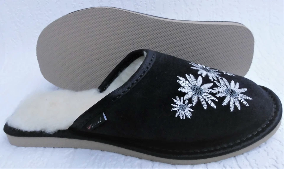 WARME Hausschuhe Pantolette Gr.35 Wild LEDER+Schurwolle+bequem Dunkel Blau - Bild 3 von 4
