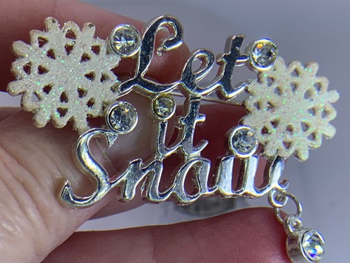 Christmas LET IT SNOW Rhinestones Dangle Enamel Vintage Silver Brooch V ...