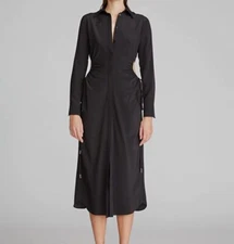 $475 Halston Women's Black Pat Cutout Silk Button-Down Long Sleeve Dress Size 0