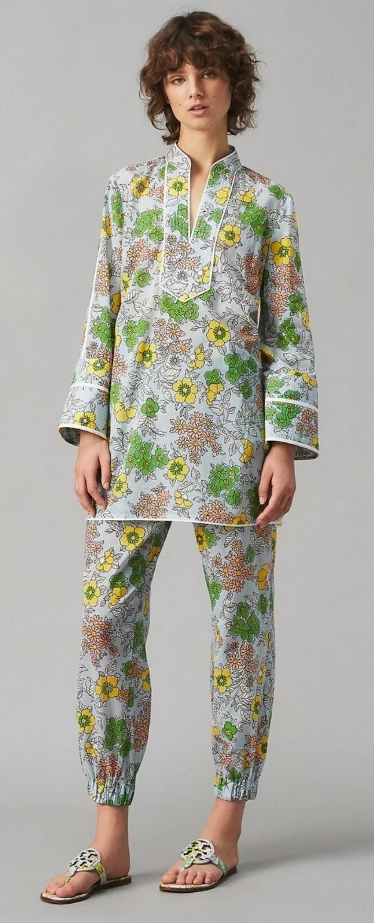 Nuovo con etichetta! TORY BURCH TUNICA STAMPATA COPRICOSTUME CARTA DA PARATI BLU FLOREALE Taglia M