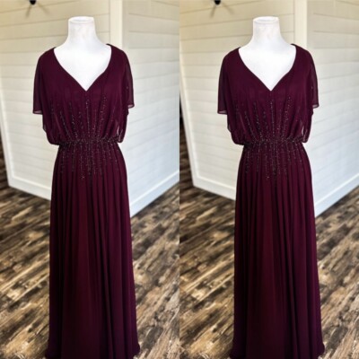 Burgundy Chiffon Mother Of The Bride Dress Beaded Wedding Guest Mother  Dresses | eBay