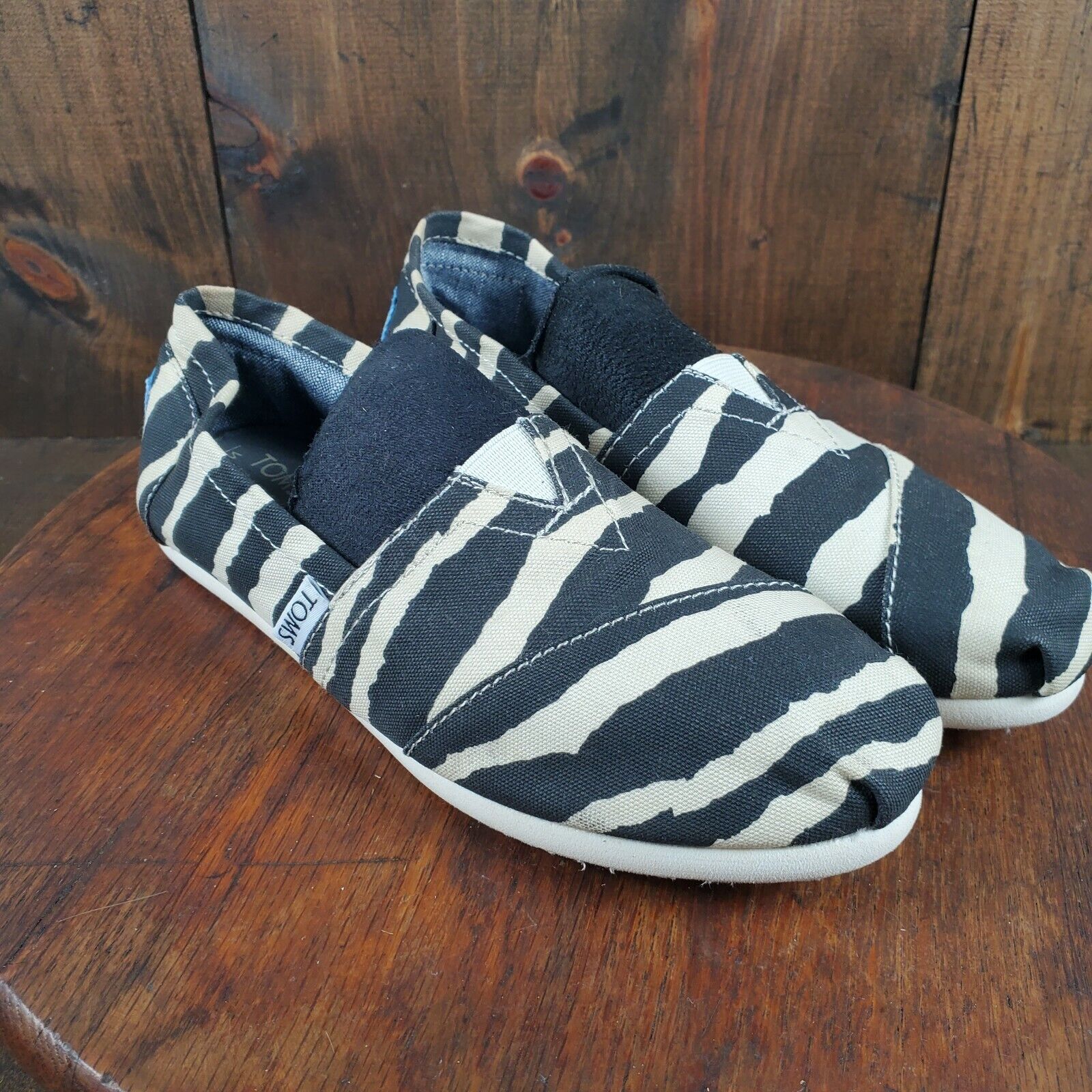 TOMS Women's Black  Tan Striped Zebra Print Canvas Shoes Size 6