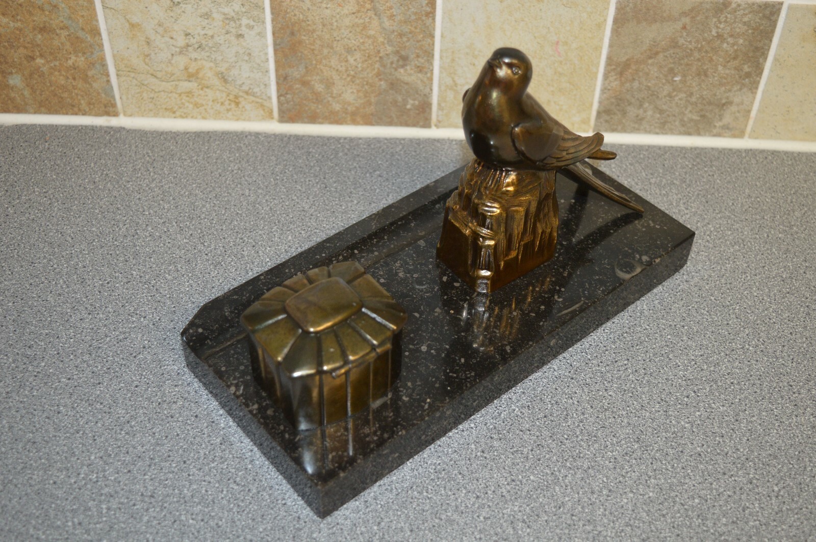 Art Deco Desk Stand Inkwell Pen Rest eBay