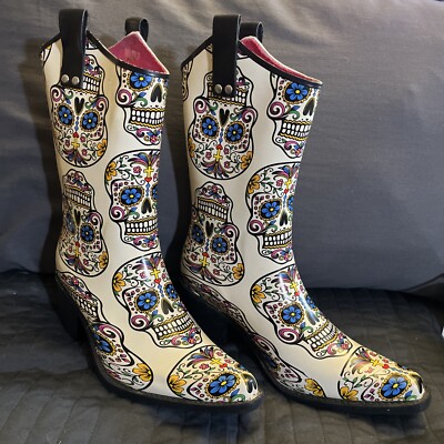 Women's Pointed Toe Skull Day of Dead Rubber Rain Boots Excellent Condition 9