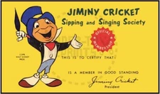 JIMINY CRICKET SIPPING AND SINGING SOCIETY MEMBERSHIP CARD - VINTAGE REPRINT