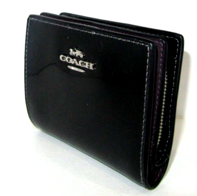 Coach New CN383 Black Patent Leather Snap Card Case Wallet With C