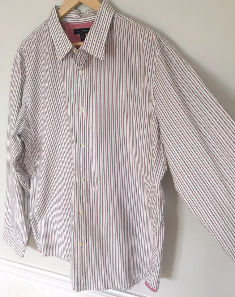 Camisa BANANA REPUBLIC Calce Clásico Para Hombre Blanca Roja Gris Rayas Botones 17-17.5 Foto 2 de 4