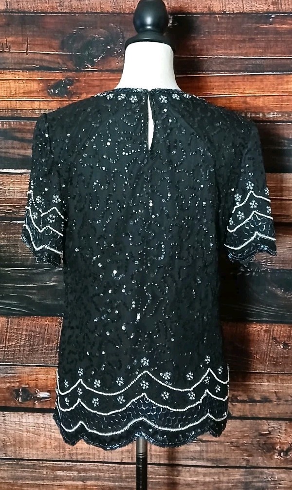 Laurence Kazar Vintage Top Size M 100% Silk Beaded Sequin Black Lined Blouse 