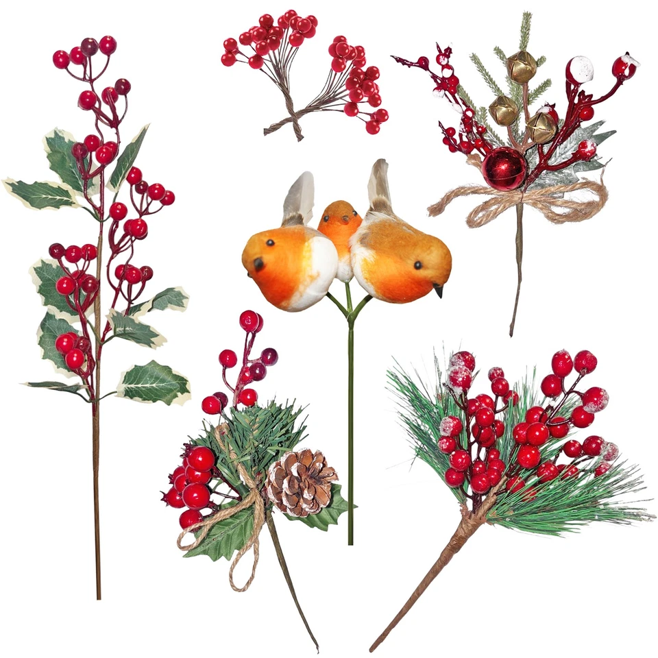 DAVIES PRODUCTS Christmas Artificial Stem Picks with Berries / Robins for Garlands and Wreaths