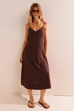 Free People Emmers Linen Midi Dress V Neck Tie Strap Sleeveless Swingy XS NEW