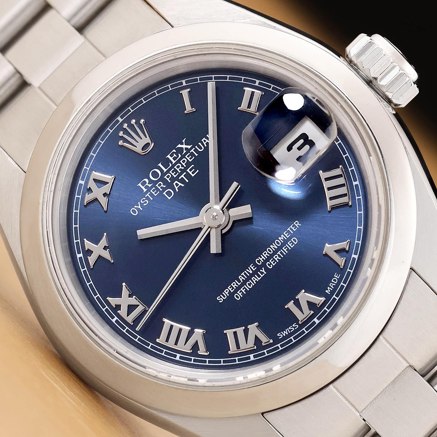 2001 PAPER ROLEX LADIES OYSTER PERPETUAL DATE 79160 BLUE ROMAN DIAL STEEL WATCH