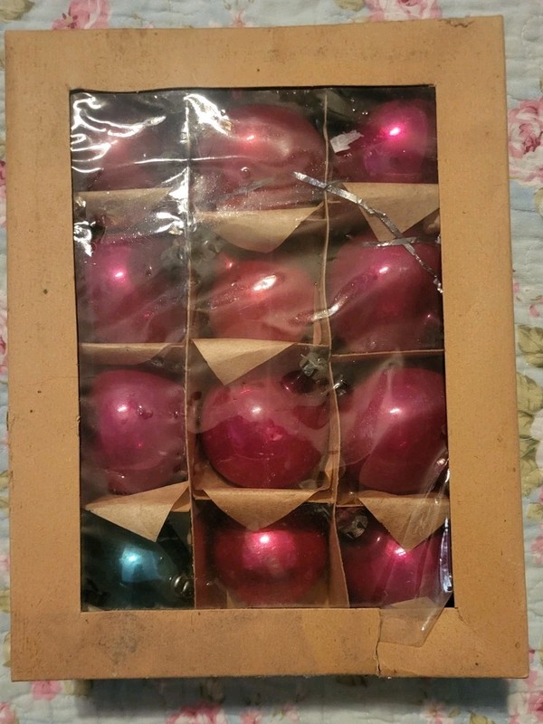 1 box 12  MCM ornaments vintage pink glass 2"  Christmas ornaments holiday lot