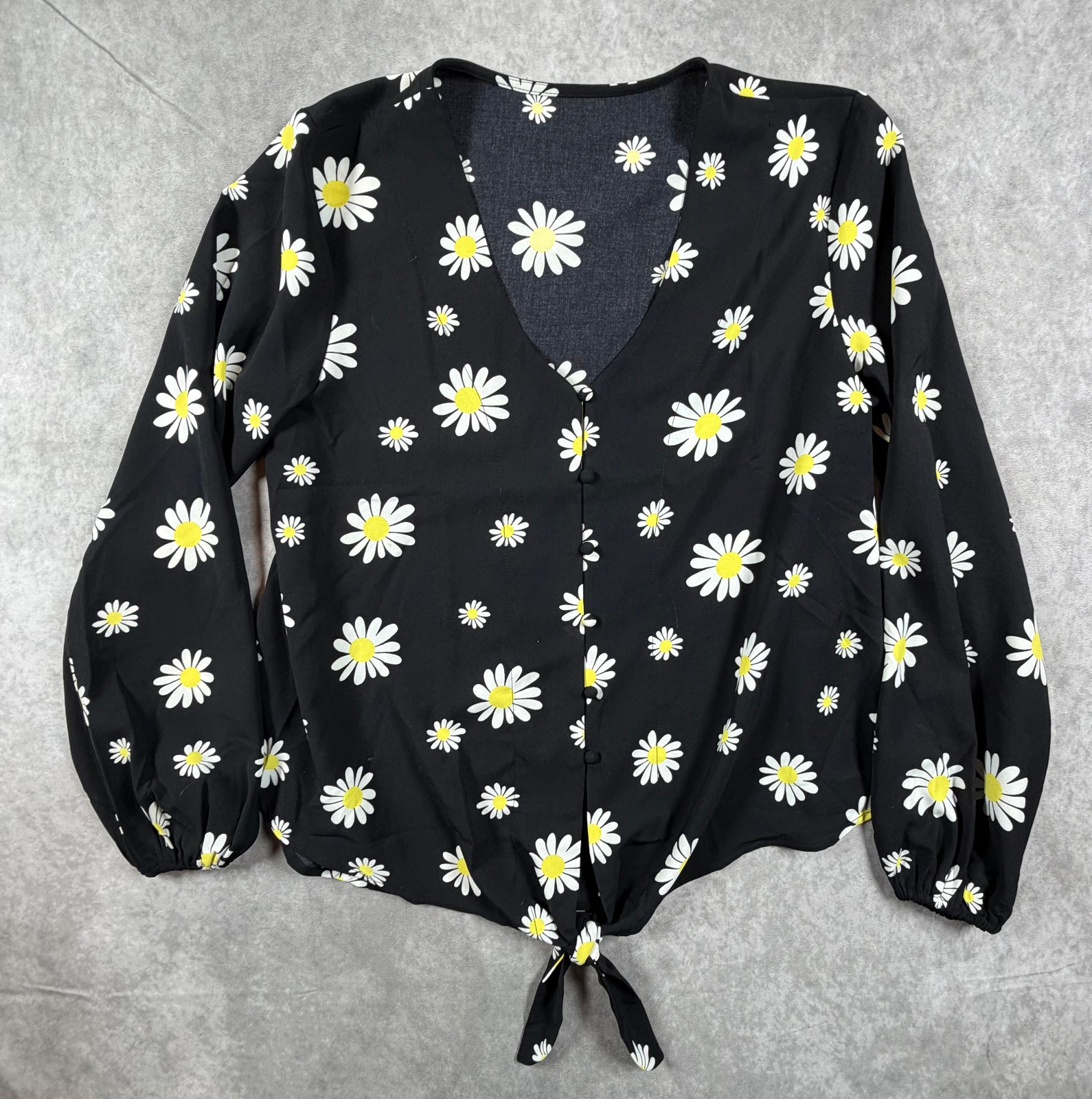 Womens Black Daisy Floral Tie Front Button Blouse Long Sleeve Size L