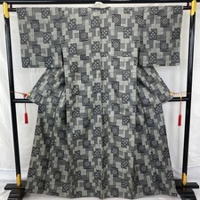 Japanese Vintage Kimono Silk Gray Oshima Traditional Authentic Length 63 in