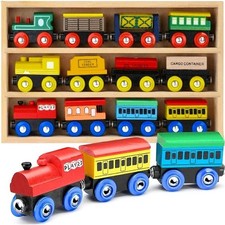 Wooden Train Set 12 Pcs - Train Toys Magnetic Set Includes 3 Engines -