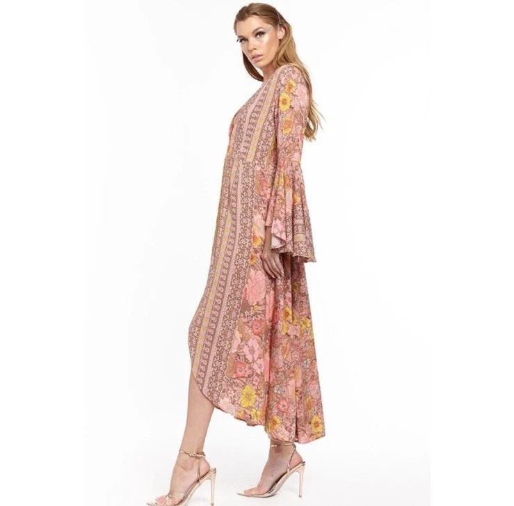 Aratta Silent Journey Feelings Dress Midi Maxi Sz L Boho Hippie Bell Sleeve - Image 3 of 4