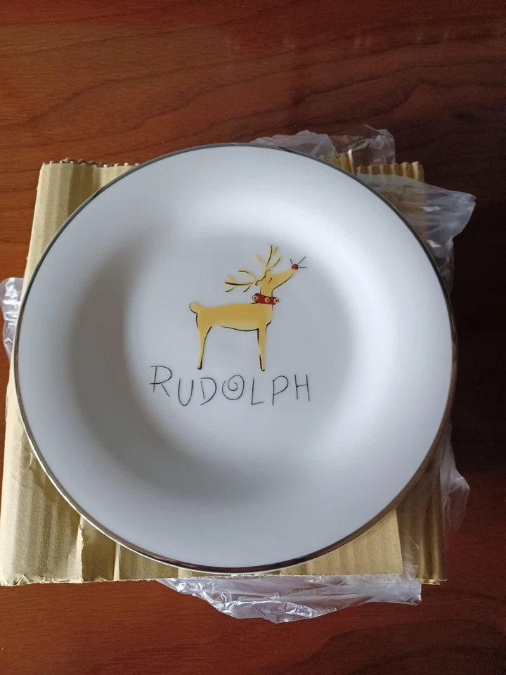 NIB 4 Pottery Barn Dessert Salad Plates, RUDOLPH! Silver Trim 8.5, Retired - Image 4 of 4