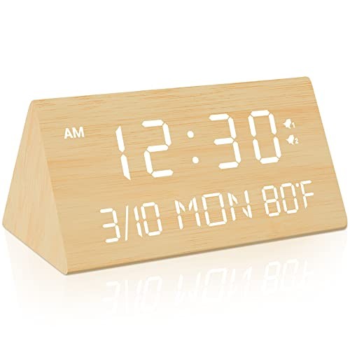 Wooden Digital Alarm Clock, 0-100% Dimmer, 2 Alarm Settings, Bamboo