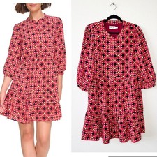 Eliza J 3/4 Sleeve Crewneck Red Printed Mini Shirt Dress Size 14 with Ruffles