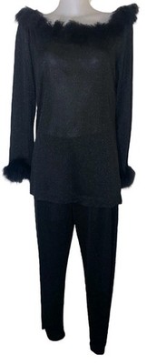 Vtg 90s Womens Black Sheer Feather 2 Piece Pants Set Vampy Gothic Witchy Sz 14