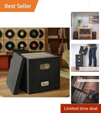 Chic Stackable Vinyl Record Organizer for 50 Singles - Modern Black Linen Box