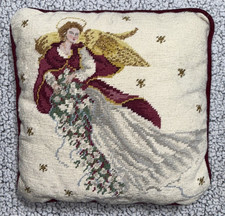 Vtg C F Enterprises Wool Needlepoint Christmas Angel Pillow 13x13 Red Velvet Zip