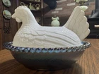 Vintage Indiana Glass Hen On Nest Married Blue Carnival Base White Milk Top READ