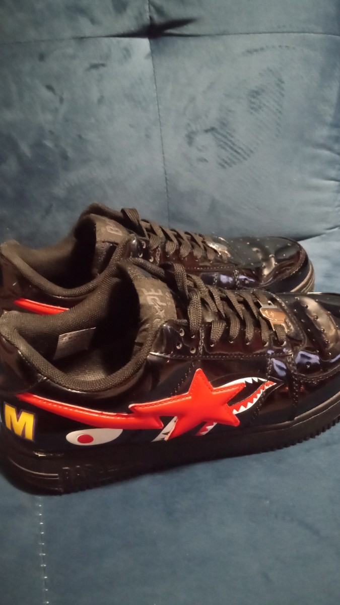A Bathing Ape Bape Sta Shark Black Red Patent Leather Men\'s Low Top Size 10 Bapesta Low M2  main image 4