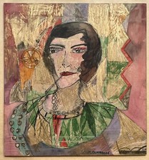 Tableau Aquarelle Géométrique Cubiste Portrait Femme Mode Bijoux Art Déco