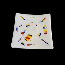 Fused Art Glass Plate 8"Square Platter Tray Trinket Dish Primary Colors on White
