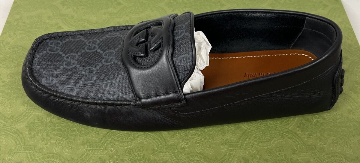 Gucci Square Toe Leather Loafers Black Interlocking G 730148AAB7Z