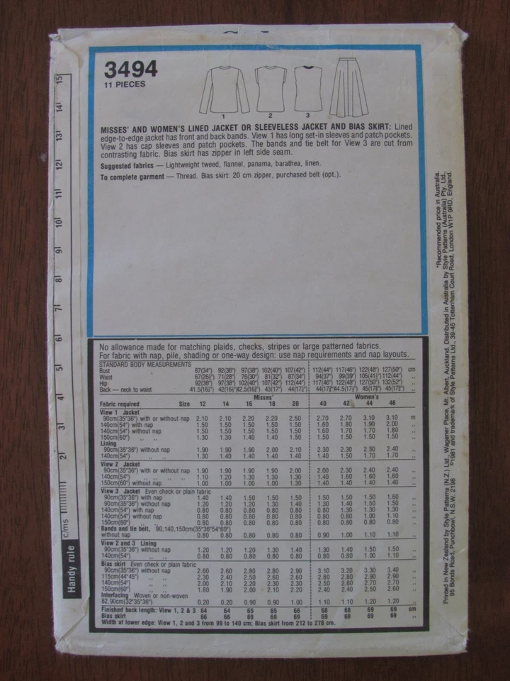 STYLE PATTERN - 3494 LADIES LINED JACKET SLEEVELESS VEST BIAS SKIRT SZ 12 UNCUT - Image 2 of 2