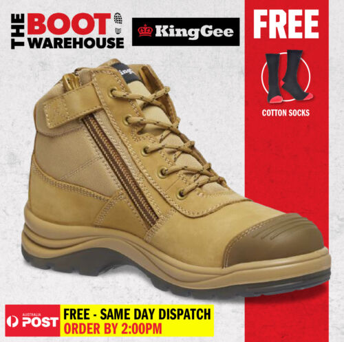 KingGee K27100 TRADIE Men's Safety Work Boots. Zip Side Wheat Leather, King Gee - Picture 1 of 7