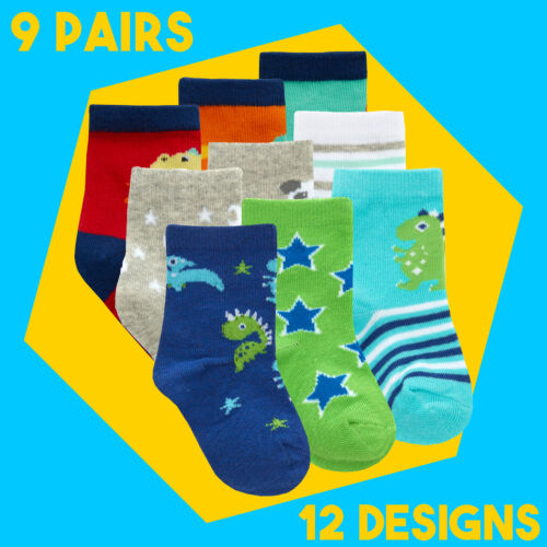 9 Pairs Baby Boys Cotton Rich Novelty Printed Cartoon Socks UK 0-0 0-2.5 3-5.5 - Picture 1 of 38